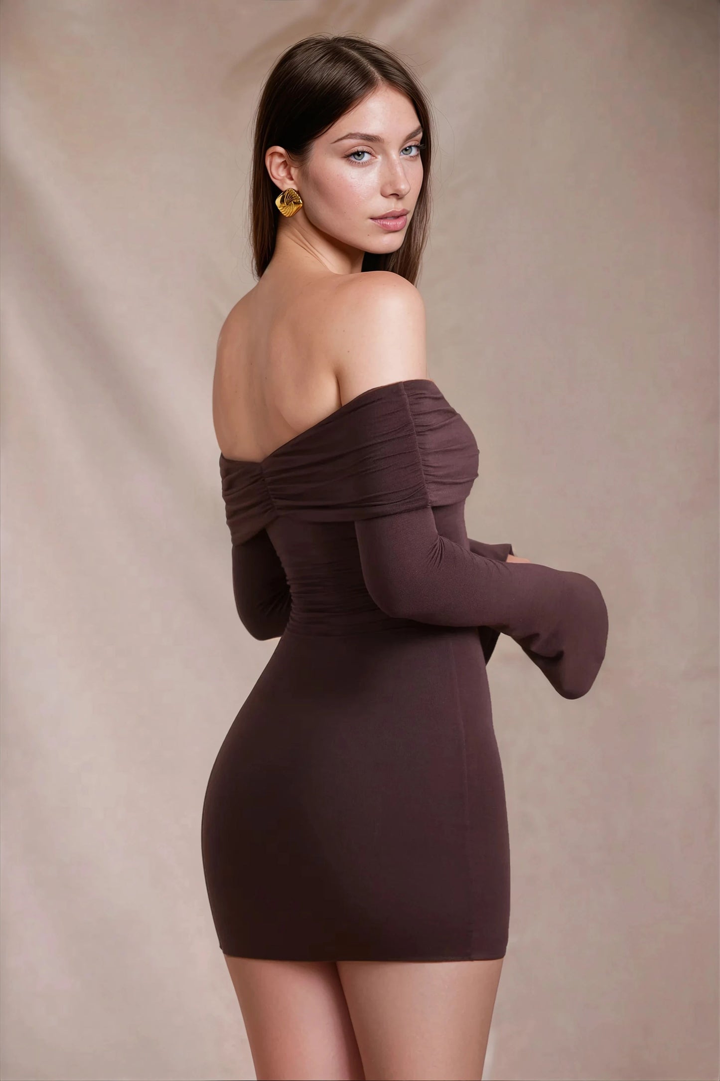 Women's Brown Off Shoulder Long Sleeve Homecoming Mini Dress