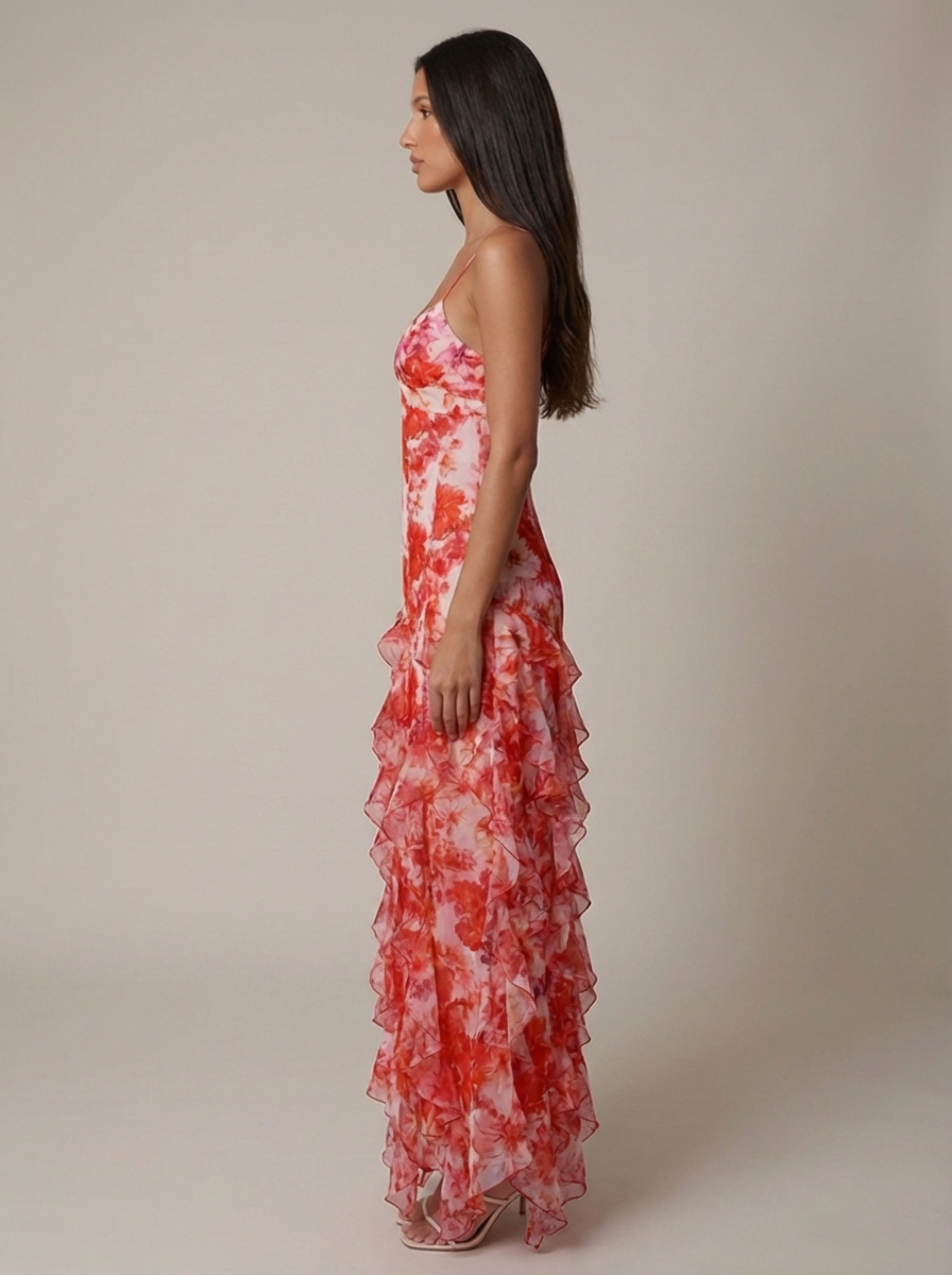 Women's Coral V-Neck Summer Wedding Guest Maxi Dress