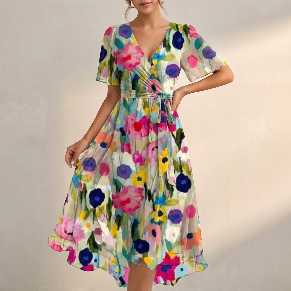 Colorful floral V neck mini dress with short sleeves, tie waist, and flowing skirt