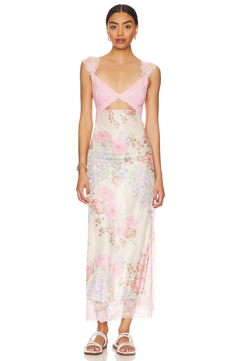 Women's Lace V-Neck Floral Cutout Open Back Midi Dress - Pink / M - Fashion