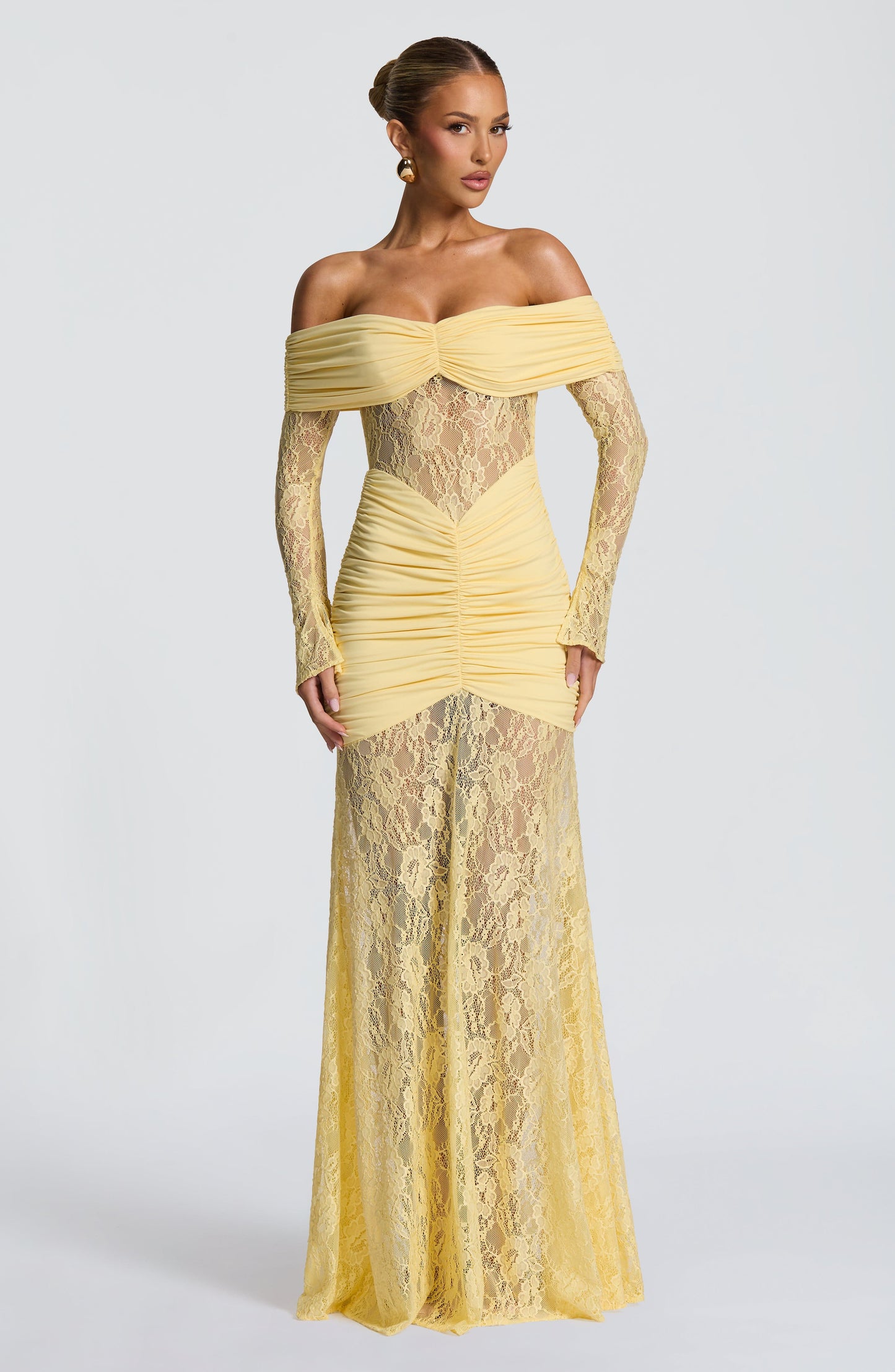 Women's Lemon Ruched Long Sleeve Flare Maxi Dress