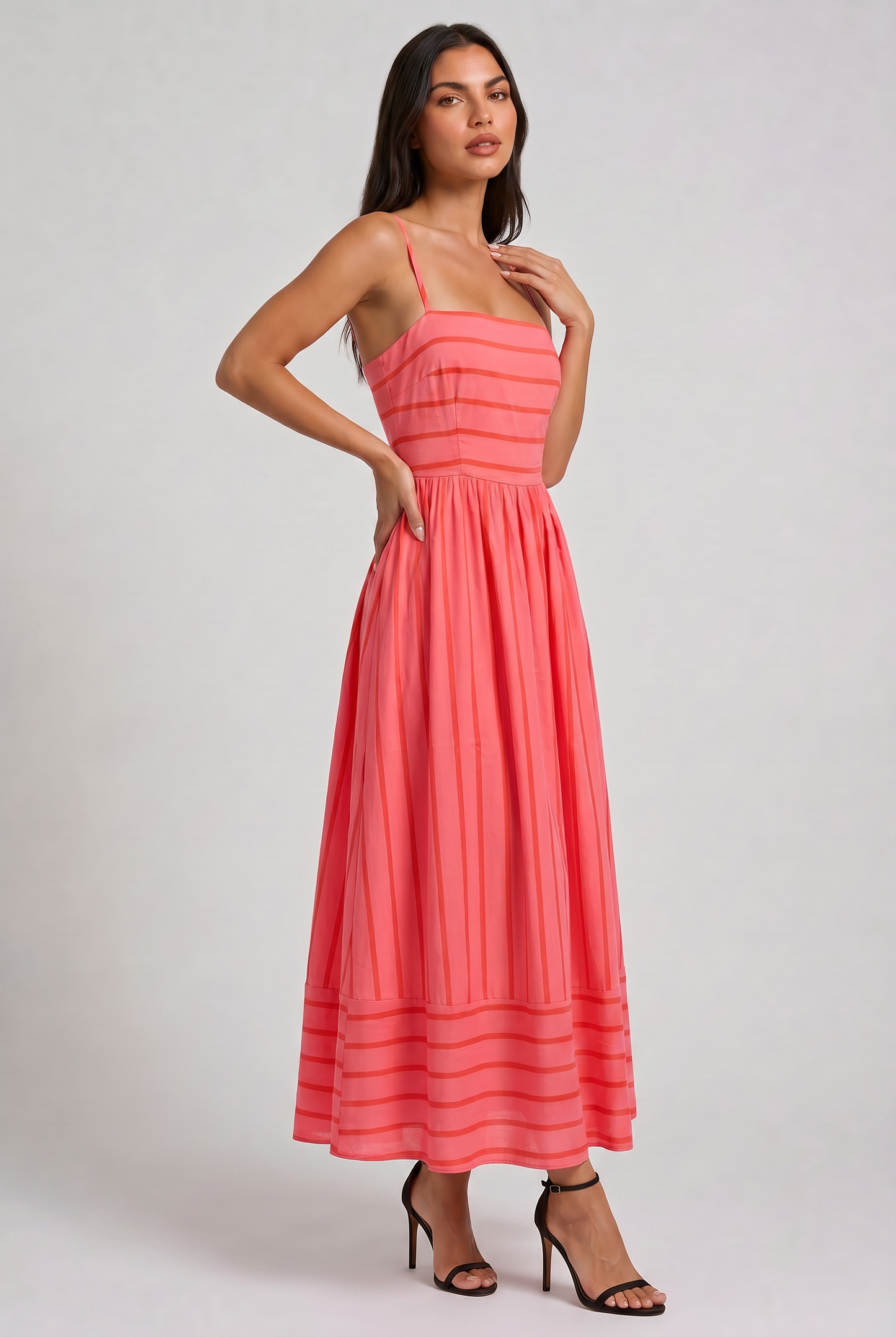 Women's Pink Floral V-Neck Cocktail Midi Dress