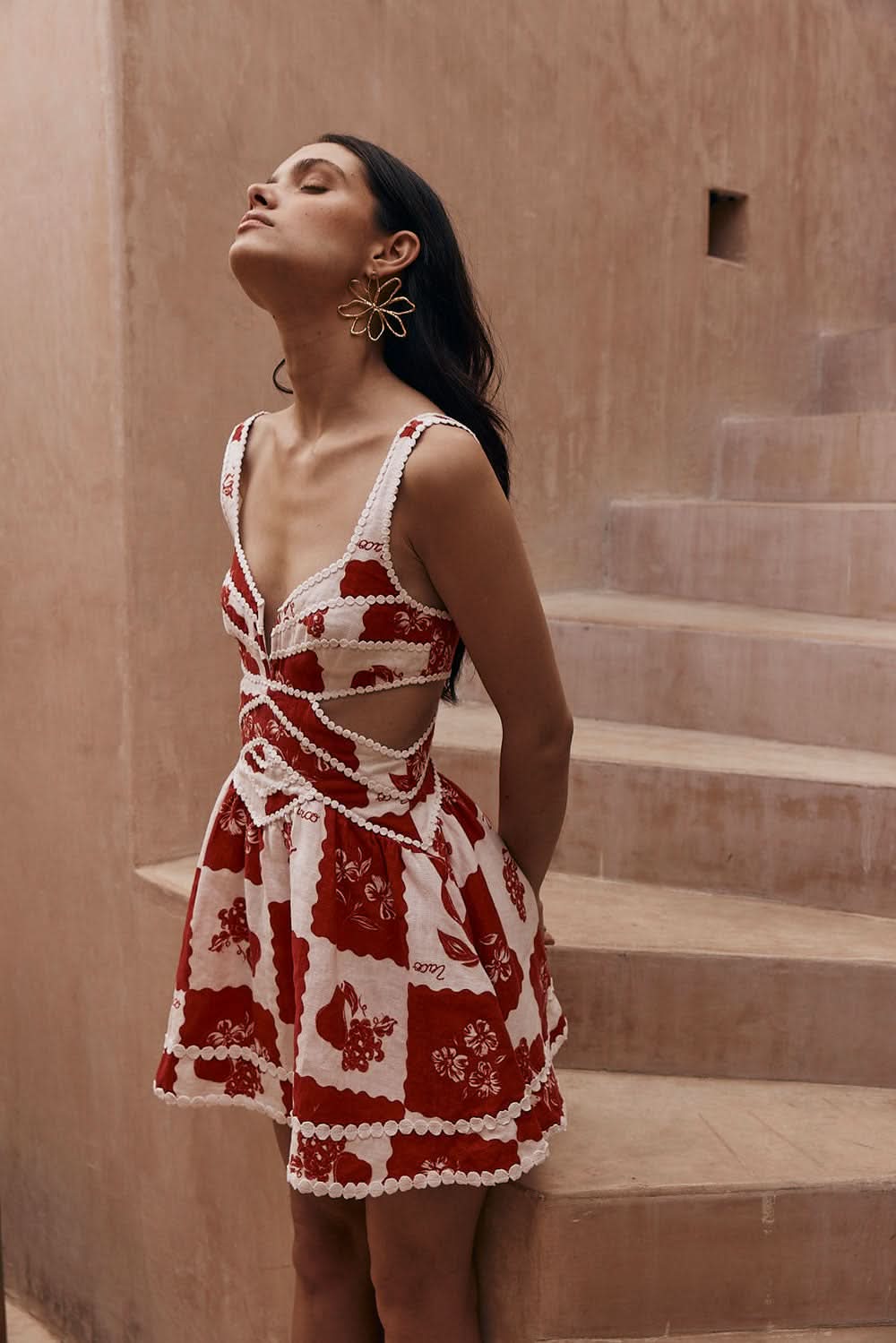 Women's Red Floral Cut Out Wedding Guest Mini Dress