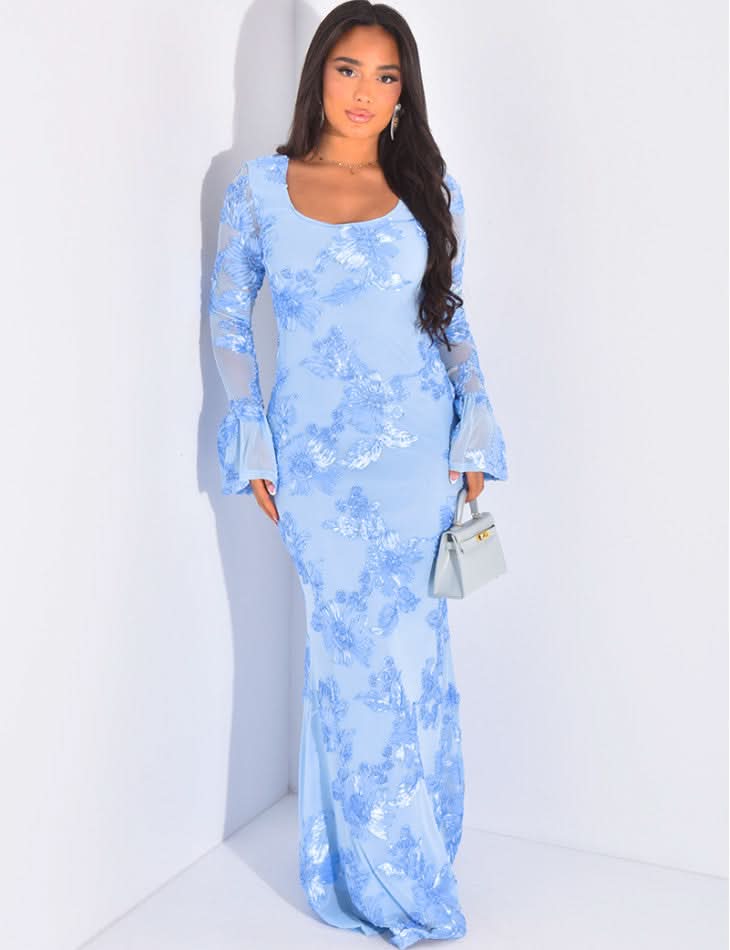 Women's Sequin Floral Long Sleeve Wedding-Guest Maxi Dress – Cult of Mode