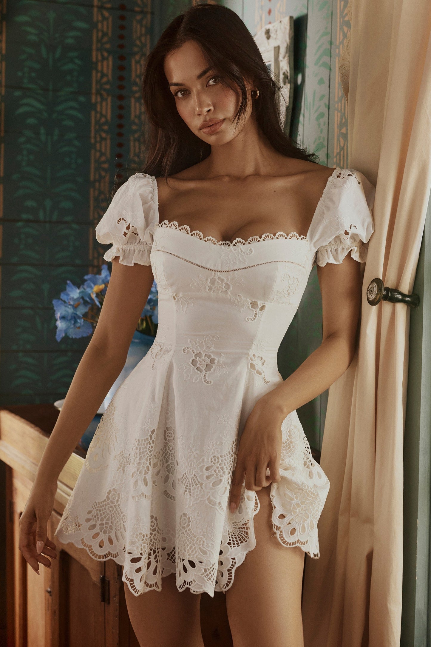 Women's White Cotton Mini Dress for Summer Weddings