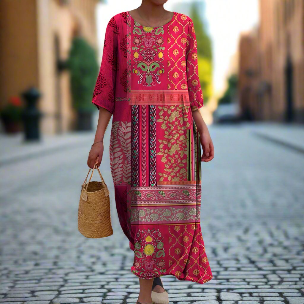 Women summer printed maxi dress in pink shown on a model with long sleeves and mixed print design