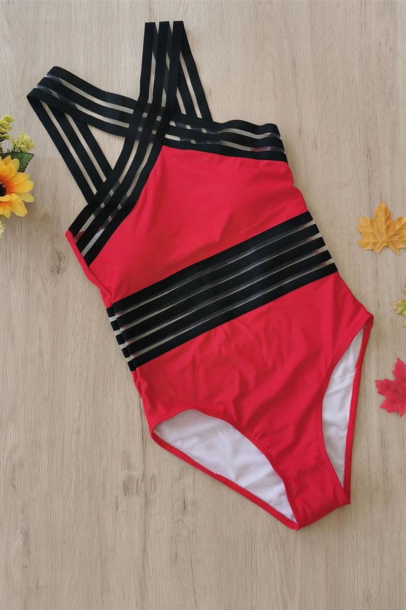 Red one piece swimsuit with black criss cross halter straps and sheer striped bands