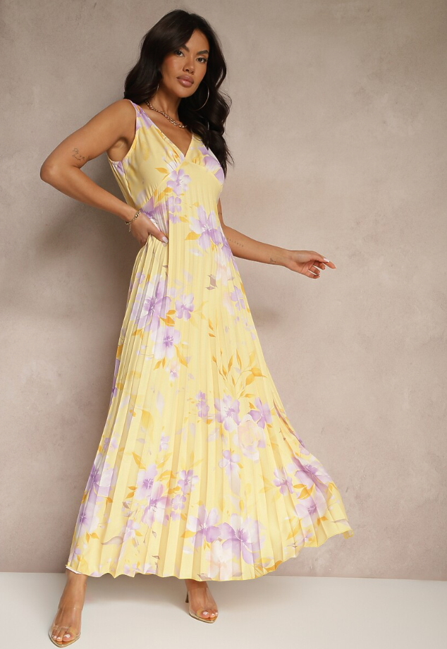 Yellow floral sleeveless maxi dress with pleated skirt and V-neck, elegant summer dress style