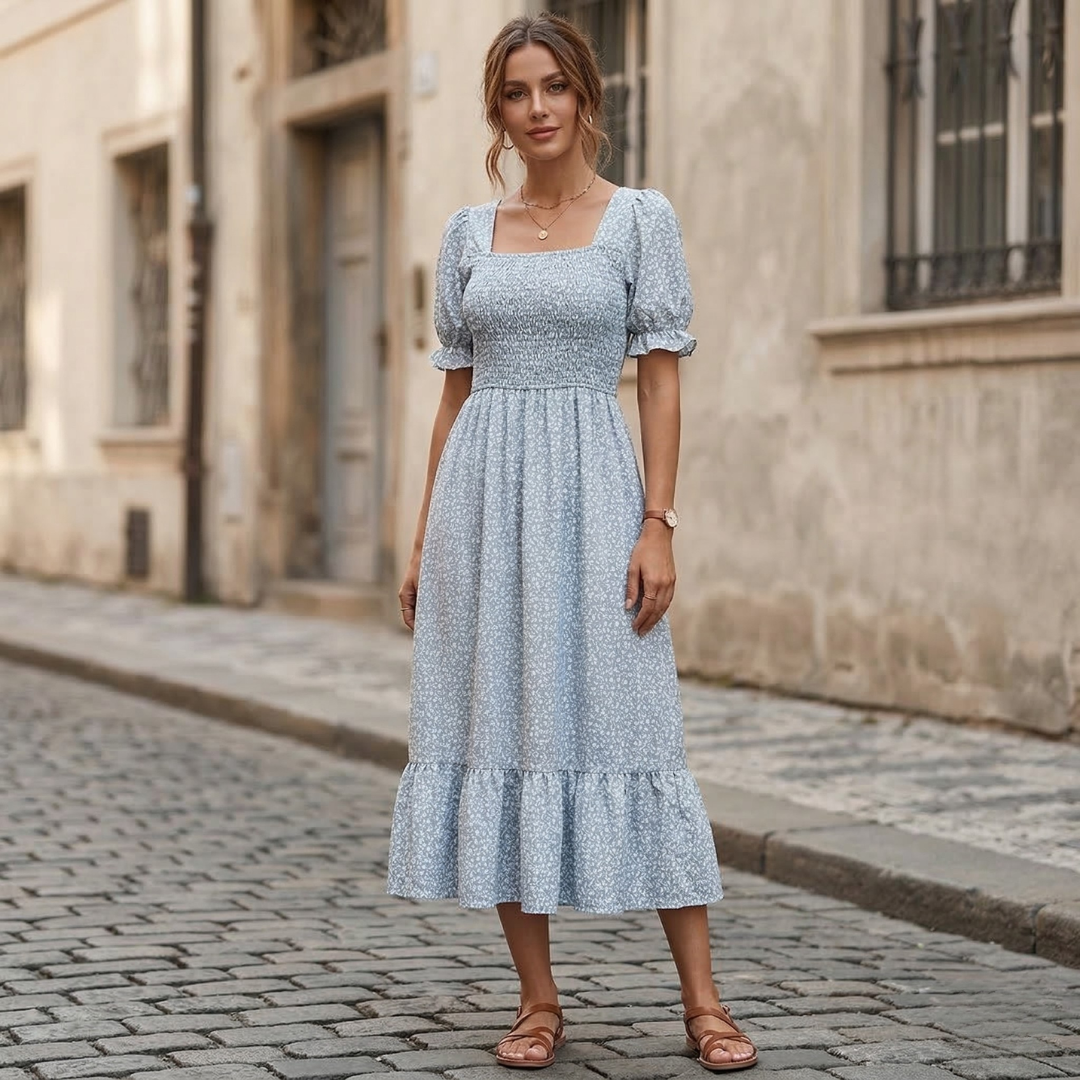 Light blue floral midi dress with square neck, short puff sleeves, and ruffled hem