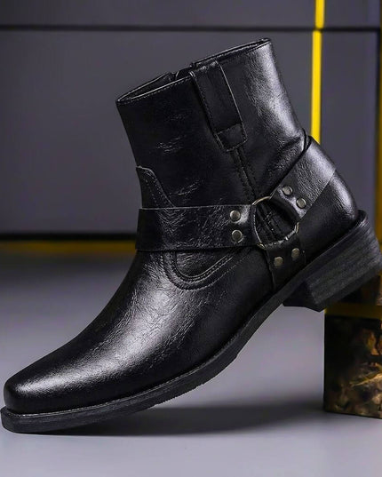 Men's Ankle Boots in Faux Leather with a Harness Strap