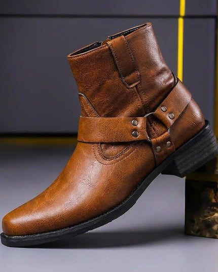 Men's Ankle Boots in Faux Leather with a Harness Strap