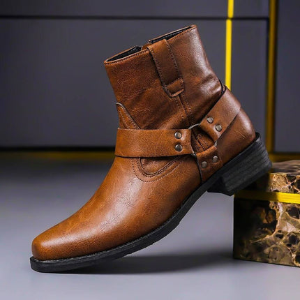 Men's Ankle Boots in Faux Leather with a Harness Strap