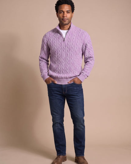 Men's Cable Knit Quarter-Zip Stand Collar Sweater