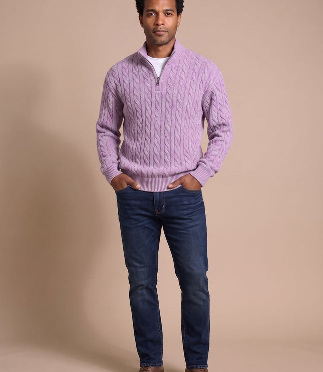 Men's Cable Knit Quarter-Zip Stand Collar Sweater