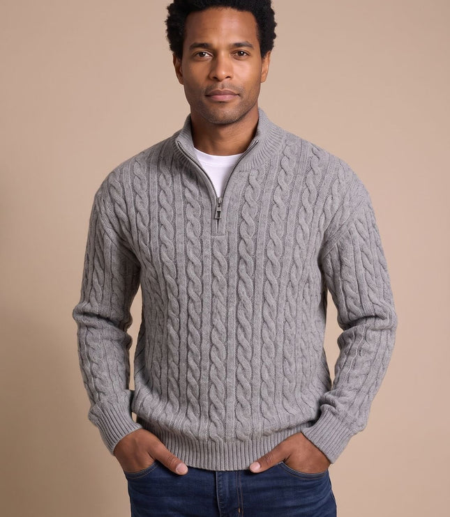 Men's Cable Knit Quarter-Zip Stand Collar Sweater