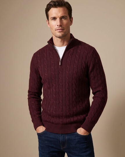 Men's Cable Knit Quarter-Zip Stand Collar Sweater