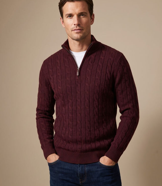 Men's Cable Knit Quarter-Zip Stand Collar Sweater
