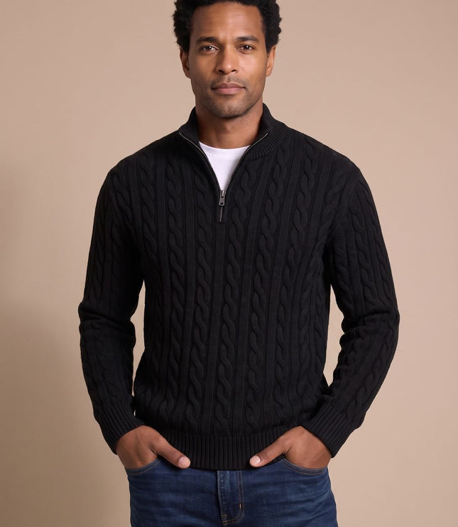 Men's Cable Knit Quarter-Zip Stand Collar Sweater