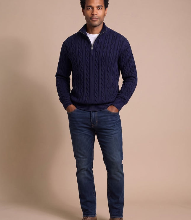Men's Cable Knit Quarter-Zip Stand Collar Sweater