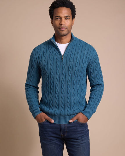 Men's Cable Knit Quarter-Zip Stand Collar Sweater