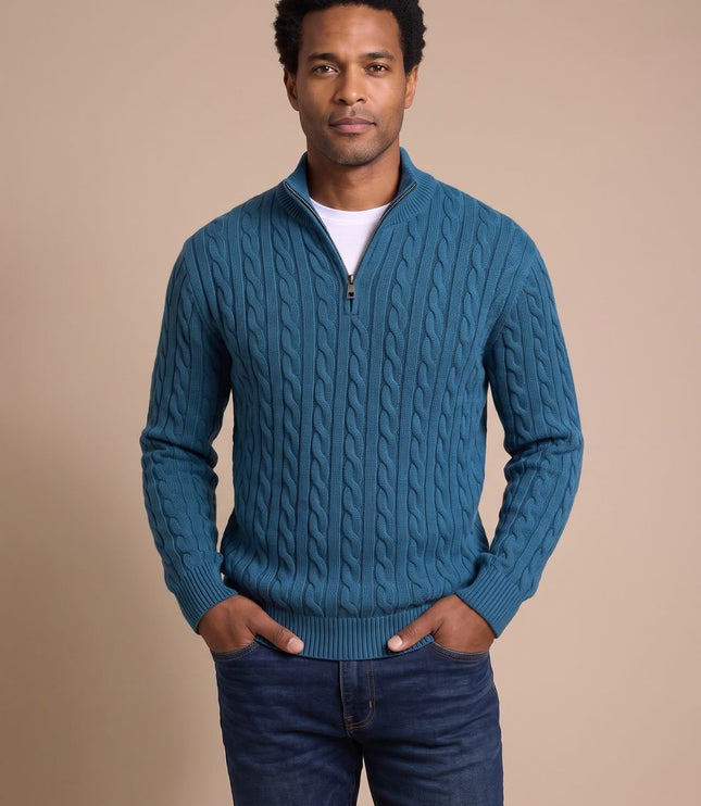 Men's Cable Knit Quarter-Zip Stand Collar Sweater