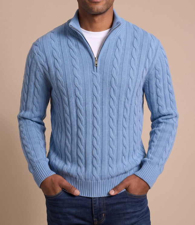 Men's Cable Knit Quarter-Zip Stand Collar Sweater