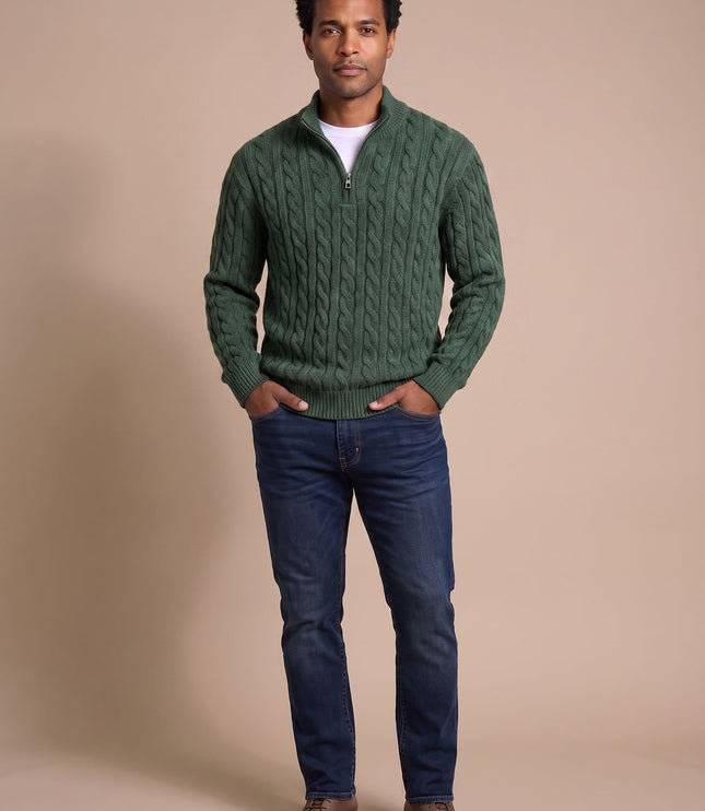 Men's Cable Knit Quarter-Zip Stand Collar Sweater