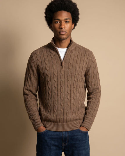 Men's Cable Knit Quarter-Zip Stand Collar Sweater