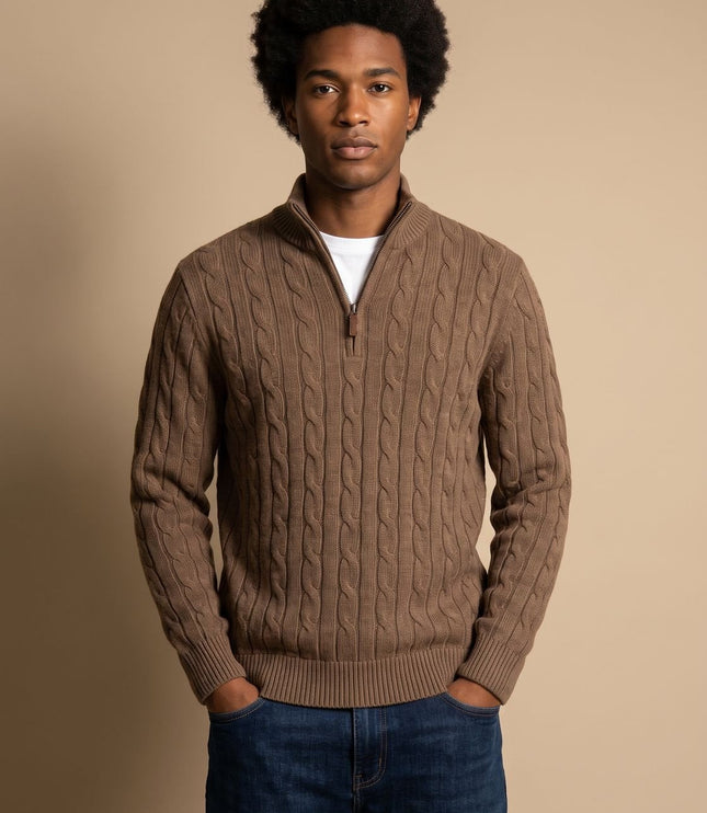 Men's Cable Knit Quarter-Zip Stand Collar Sweater