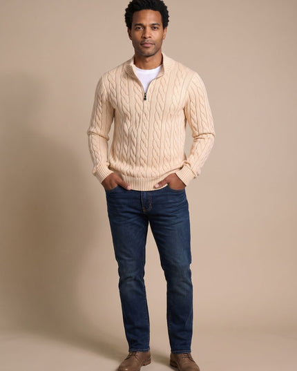 Men's Cable Knit Quarter-Zip Stand Collar Sweater