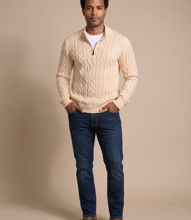 Men's Cable Knit Quarter-Zip Stand Collar Sweater