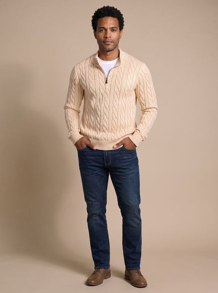 Men's Cable Knit Quarter-Zip Stand Collar Sweater