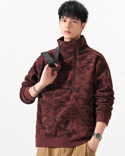 Men's Camo Jacquard Half-Zip Pullover with Stand Collar