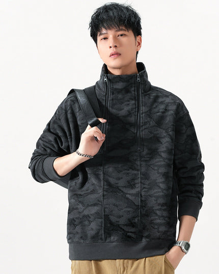 Men's Camo Jacquard Half-Zip Pullover with Stand Collar