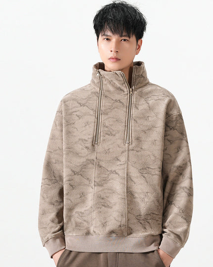Men's Camo Jacquard Half-Zip Pullover with Stand Collar