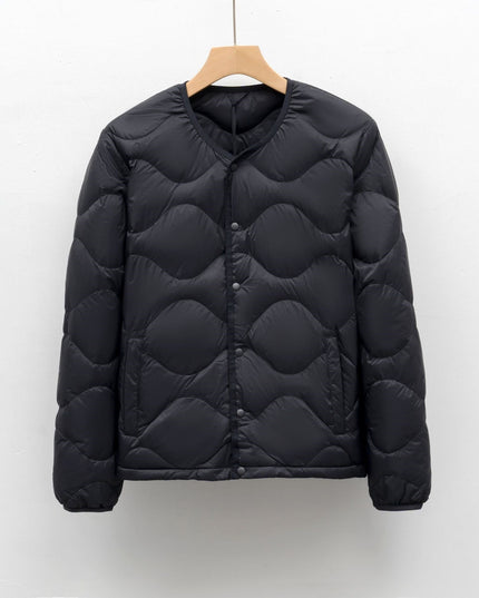 Men's Down Jacket with a Collarless Cut and Snap Front