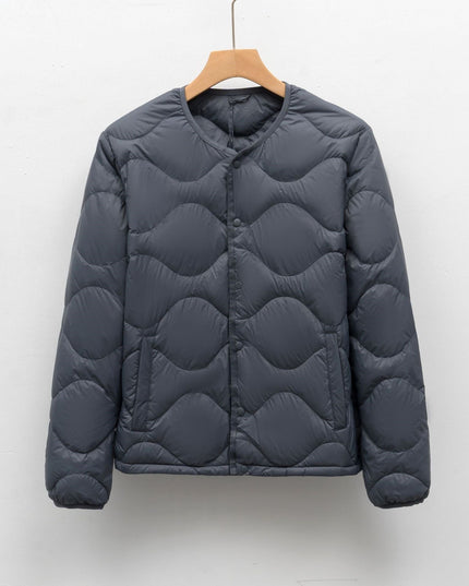 Men's Down Jacket with a Collarless Cut and Snap Front