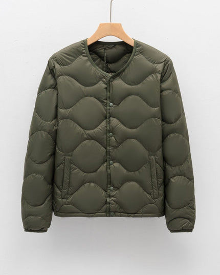 Men's Down Jacket with a Collarless Cut and Snap Front