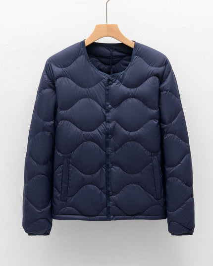 Men's Down Jacket with a Collarless Cut and Snap Front