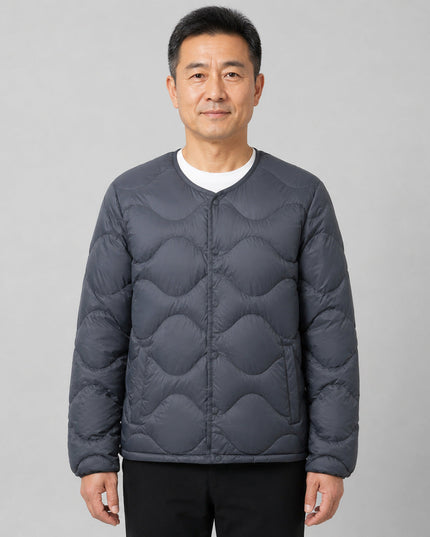 Men's Down Jacket with a Collarless Cut and Snap Front