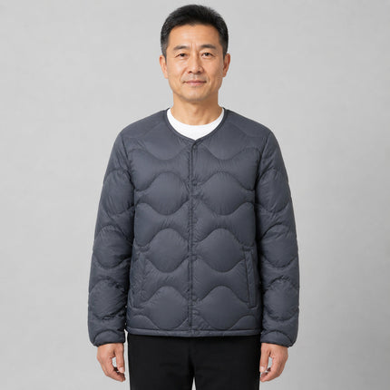 Men's Down Jacket with a Collarless Cut and Snap Front