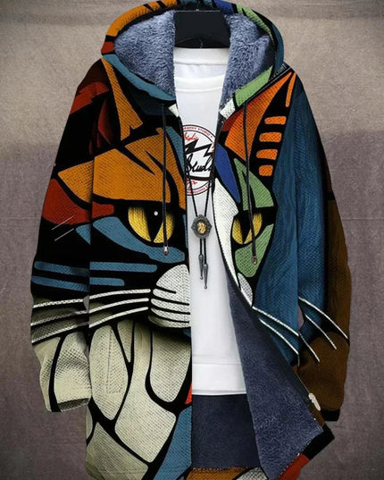 Men's Fleece Lined Art Print Oversized Hooded Cardigan