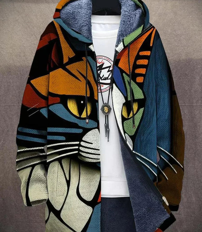 Men's Fleece Lined Art Print Oversized Hooded Cardigan