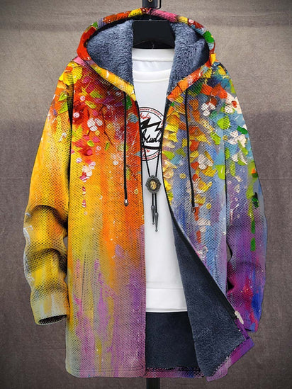 Men's Fleece Lined Art Print Oversized Hooded Cardigan