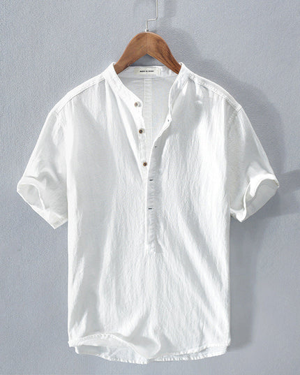 Men's Half-Button Linen Shirt with a Band Collar