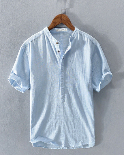 Men's Half-Button Linen Shirt with a Band Collar