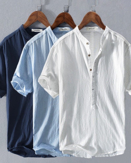 Men's Half-Button Linen Shirt with a Band Collar
