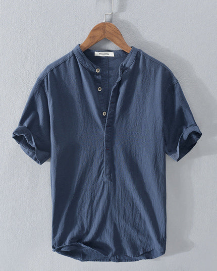 Men's Half-Button Linen Shirt with a Band Collar