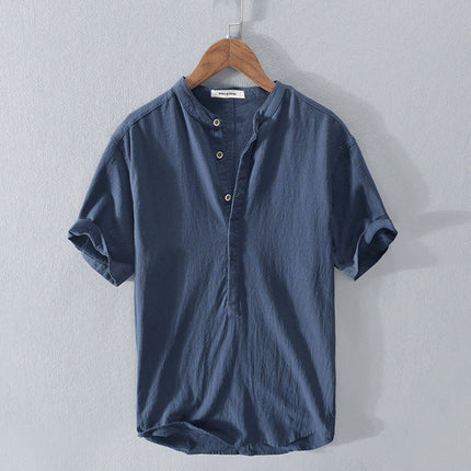 Men's Half-Button Linen Shirt with a Band Collar