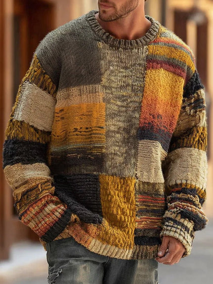 Men's Patchwork Crewneck Long Sleeve Knit Sweater